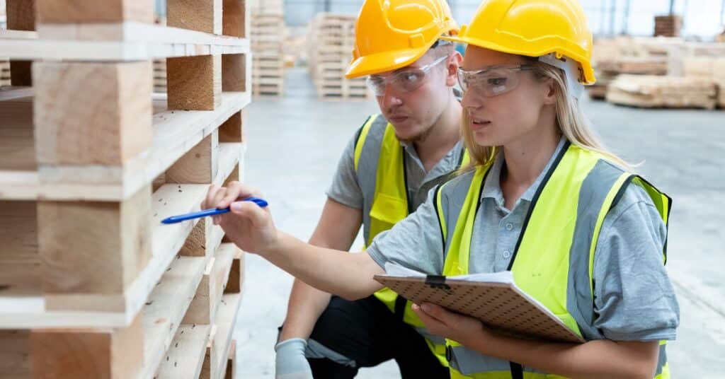 Two workers in reflective vests and hard hats examine a stack of wooden pallets inside a large facility.