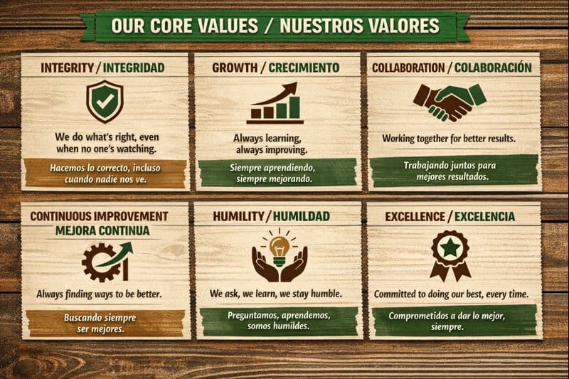 Our core values include integrity, growth, collaboration, continuous improvement, humility, and excellence.