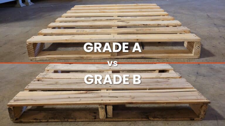 Visual comparison of a clean Grade A recycled wooden pallet versus a Grade B pallet with stringer repair companion boards in a Milwaukee warehouse setting.